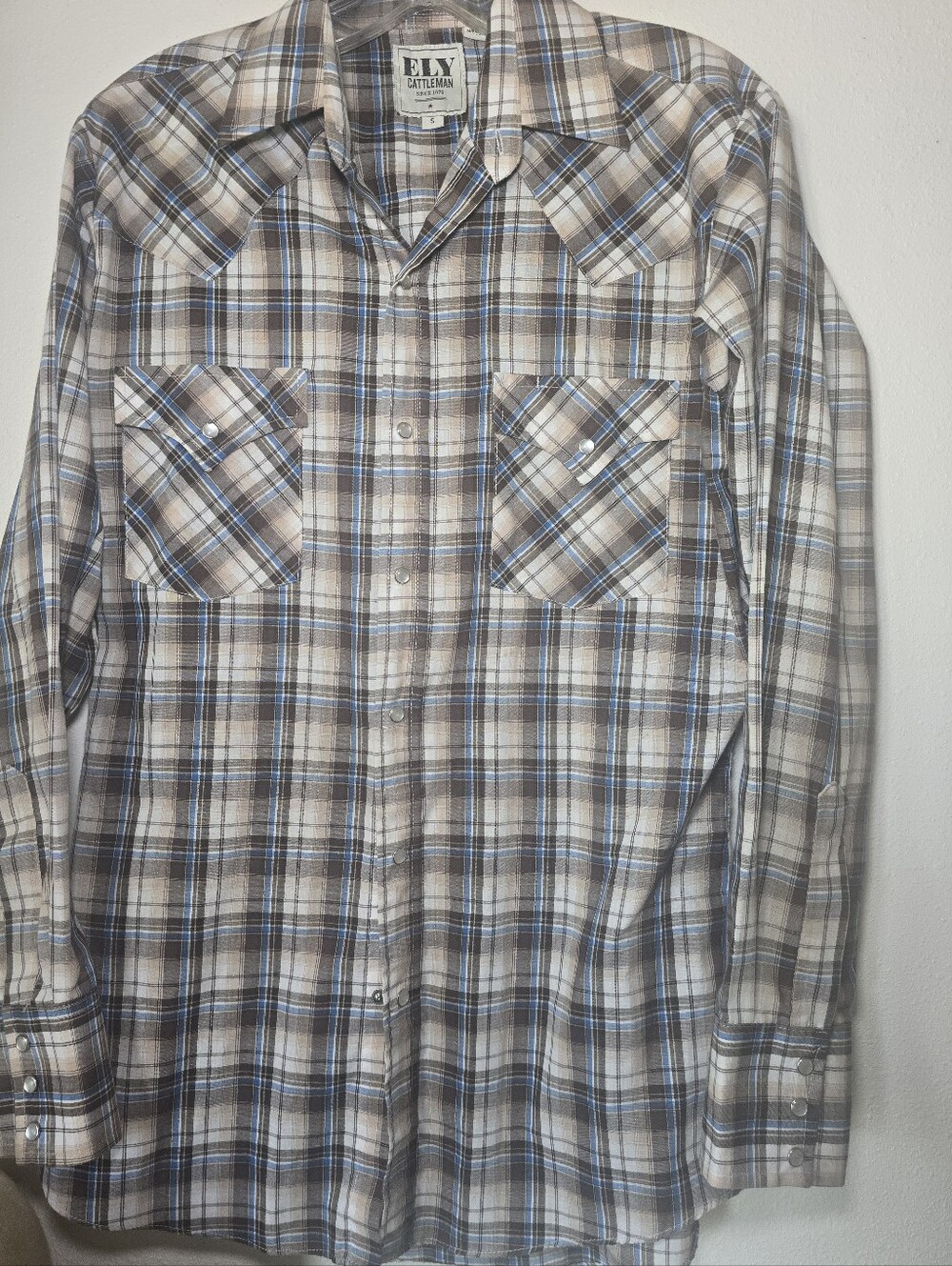 Ely Cattleman Brown, White & Blue Plaid Snap-Front Western Shirt Sz SM